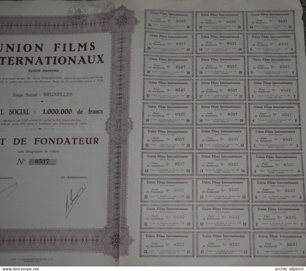 Union Films Internationaux - Part De Fondateur N° 0537 - Cinéma & Theatre