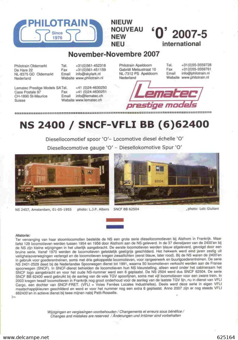 Catalogue PHILOTRAIN 2007-5 November Neuheiten LEMATEC Spur O NS 2400- En Néerlandais, Allemand, Anglais Et Français - Néerlandais