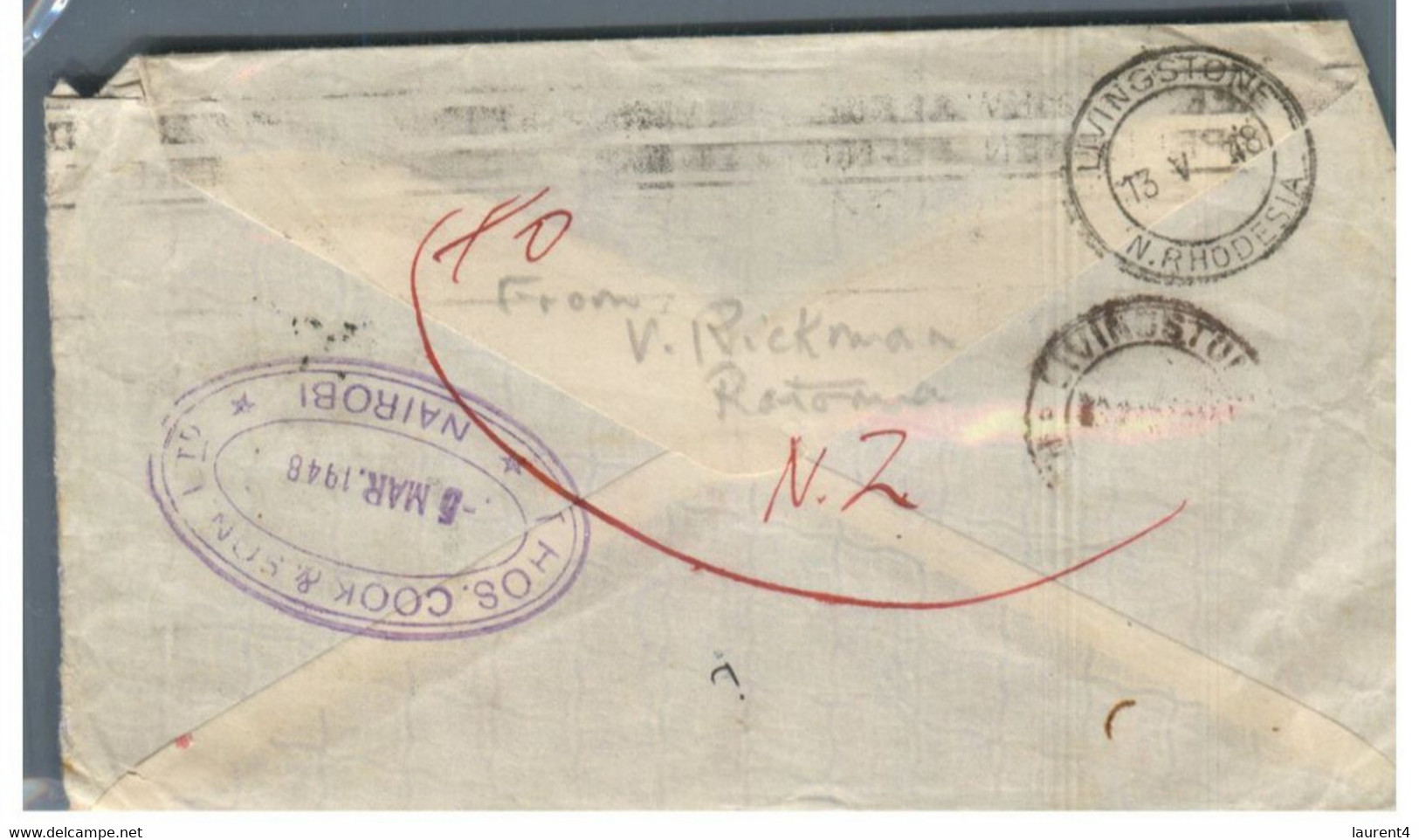 (VV 8) New Zealand Registered Cover Posted To Rhodesia (RTO) 1948 - With N. Rhodesia + Uganda + Kenya Postmarks - Federation Of Malaya