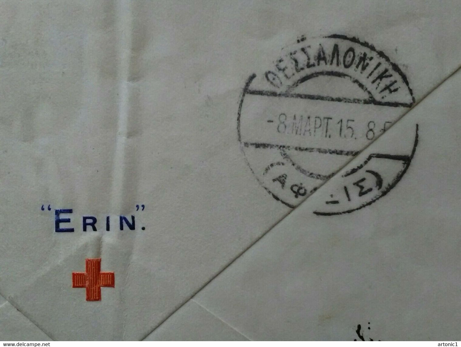 Red Cross Cover Posted From Italy To Salonika In Greece Arrival 8.3.1915 - Sellados Mecánicos ( Publicitario)