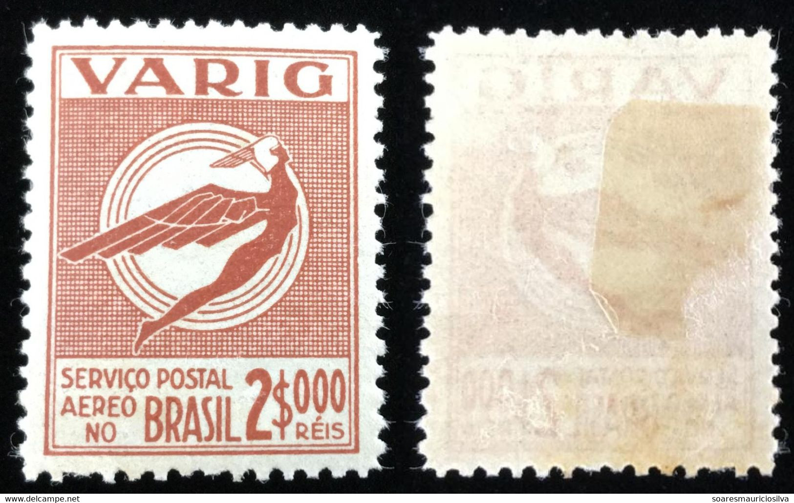 Brazil Year 1934 Varig Airmail Company Stamp V-51 Stylized Icarus 2,000 Reis Unused With Gum (catalog US$ 65) - Posta Aerea (società Private)
