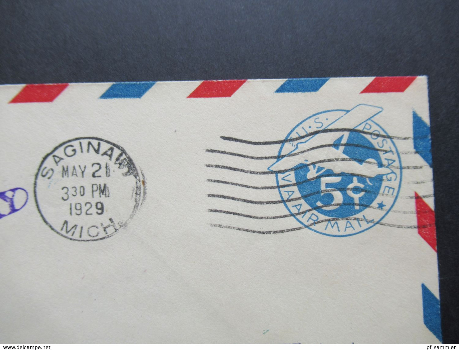 USA Ganzsache Air Mail 21.5.1929 Second Anniversary Lindbergh Day Saginaw Michigan Mit Unterschrift Des Postmaster - Lettres & Documents