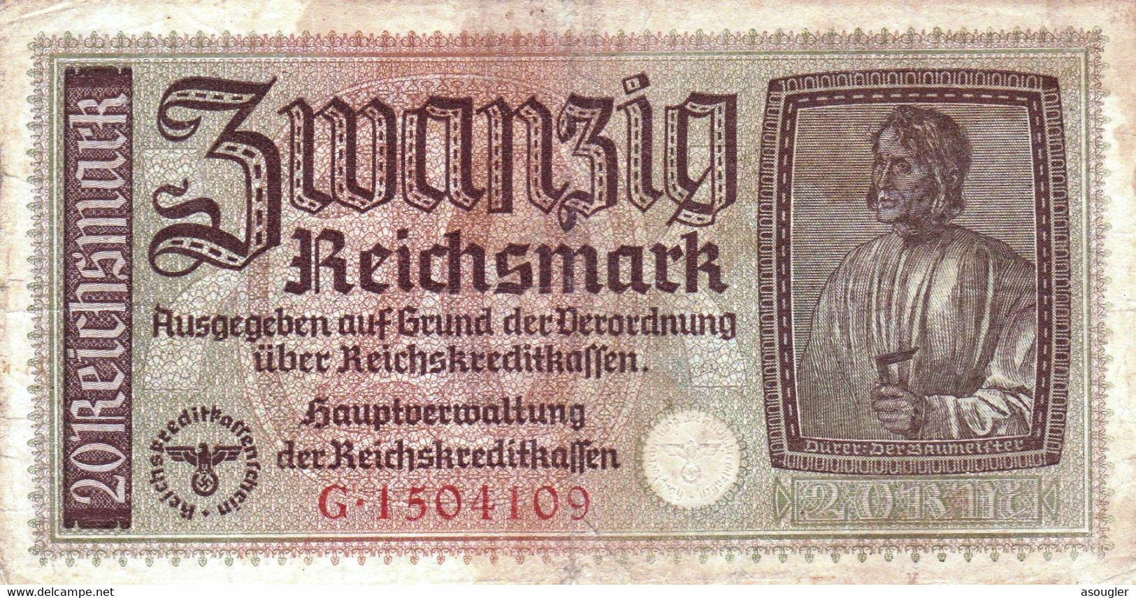 GERMANY 20 Reichs Mark ND (1940-45)  F R-139 "free Shipping Via Registered Air Mail) - 5 Reichsmark