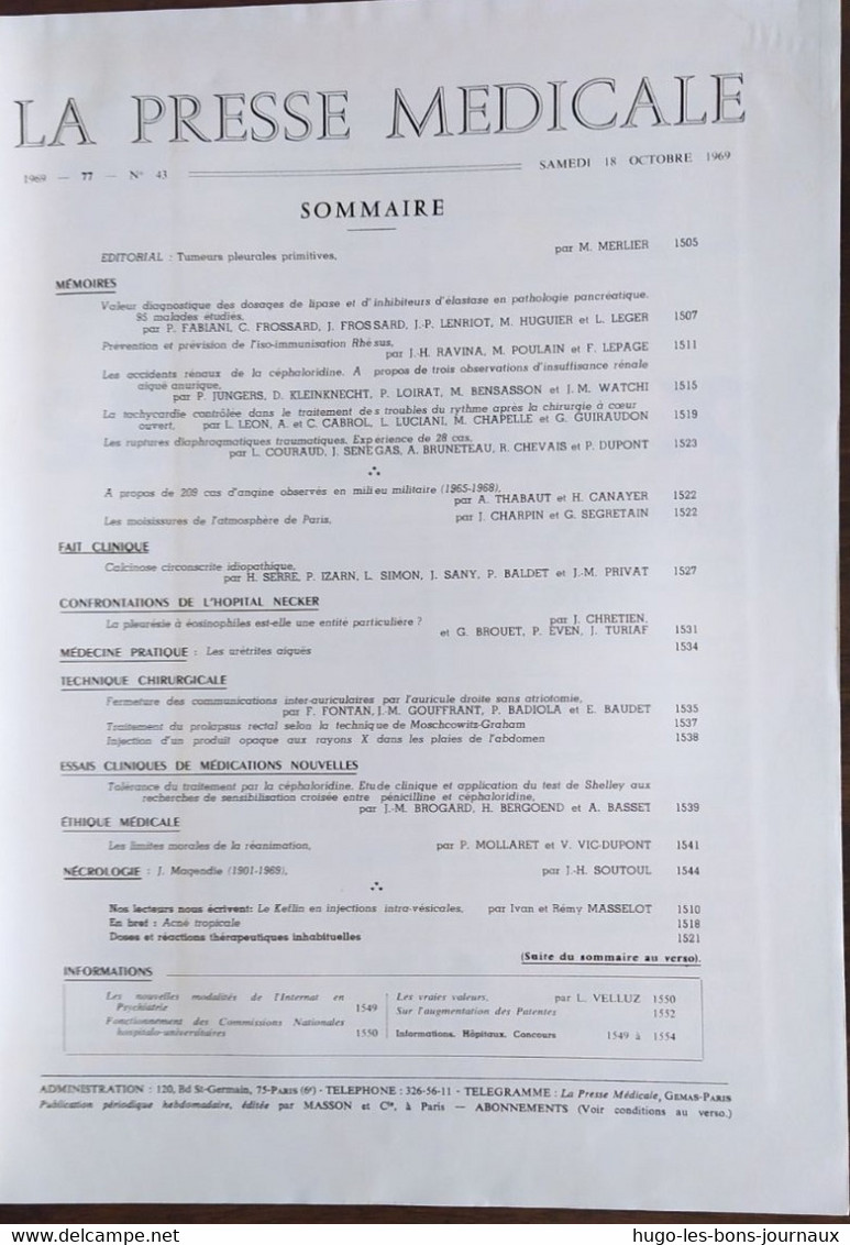 La Presse Médicale_Tome 77_n°43_octobre 1969_Masson Et Cie - Geneeskunde & Gezondheid