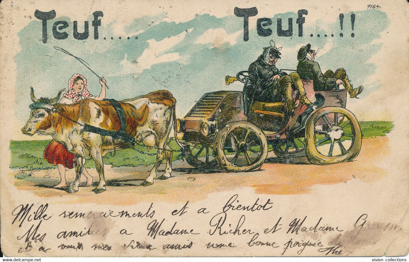 Carte Fantaisie Illustrateur Pour Se Moquer Des Automobiles Char A Bœuf Tirant Une Auto Accidentée Et Un Accident 1904/6 - Fernel