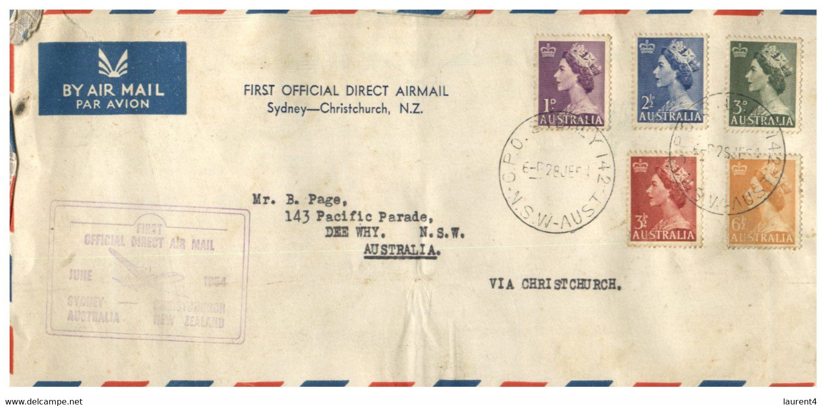 (V V 14) Australia FDC Cover - 1st Official Flight From Sydney To Christchurch - 1954 - Premiers Vols