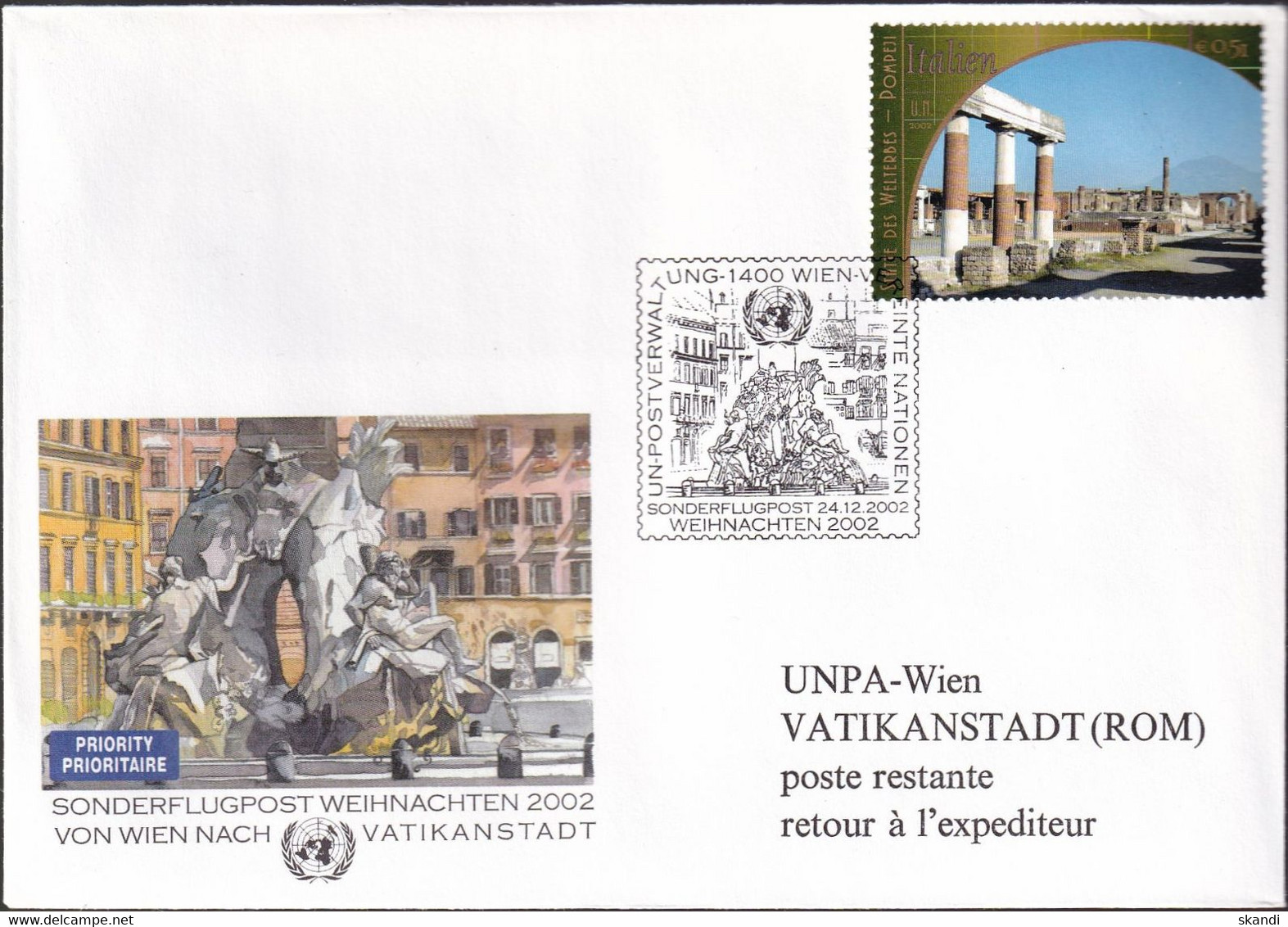 UNO WIEN 2002 Sonderflugpost Weihnachten 2002 Wien - Vatikanstadt Brief - Cartas & Documentos