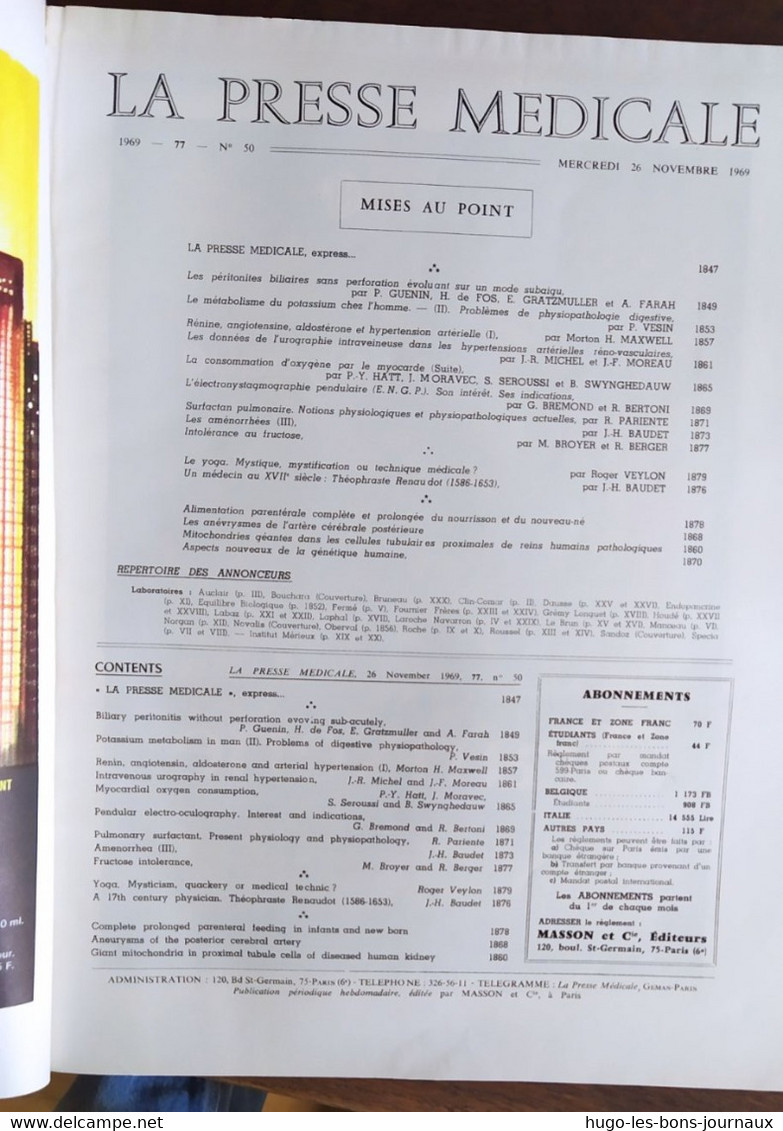 La Presse Médicale_Tome 77_n°50_Novembre 1969_Masson Et Cie - Medicine & Health