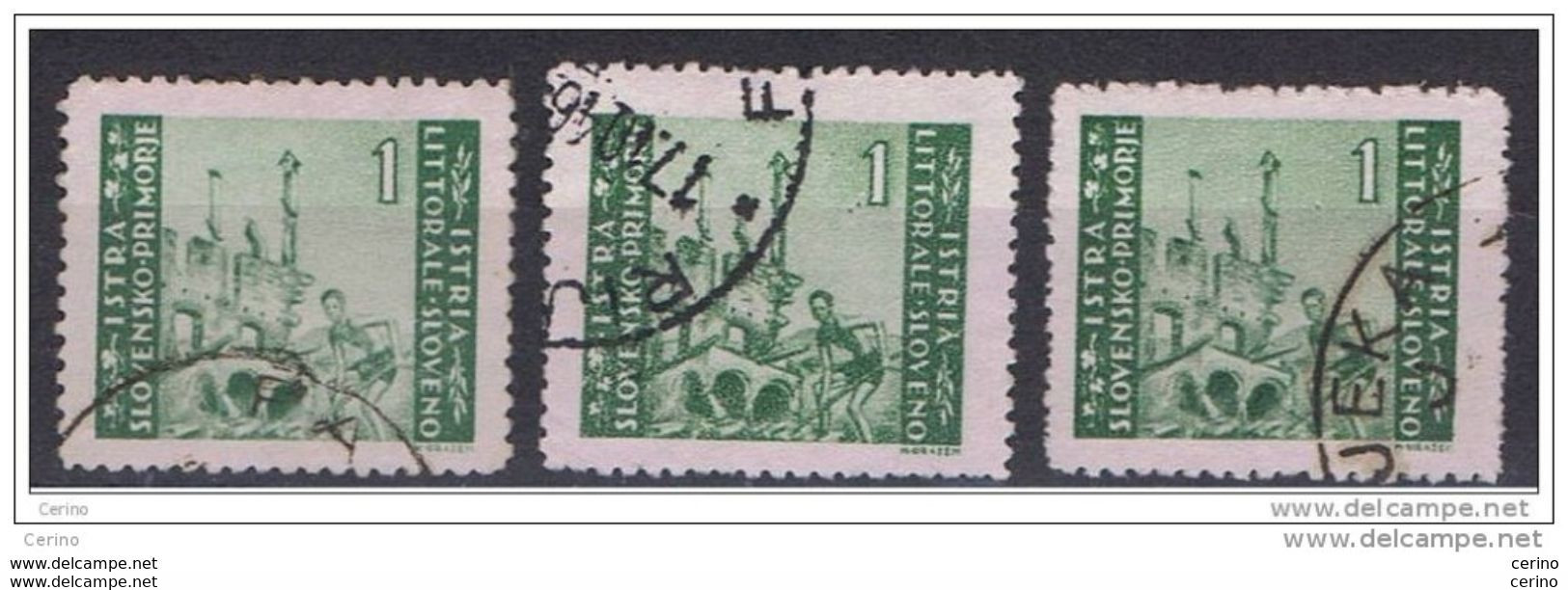 ISTRIA:  1946  TIRATURA  DI  ZAGABRIA  -  £.1  VERDE  US. -  D. 12  -  RIPETUTO  3  VOLTE  -  SASS. 53 - Jugoslawische Bes.: Istrien