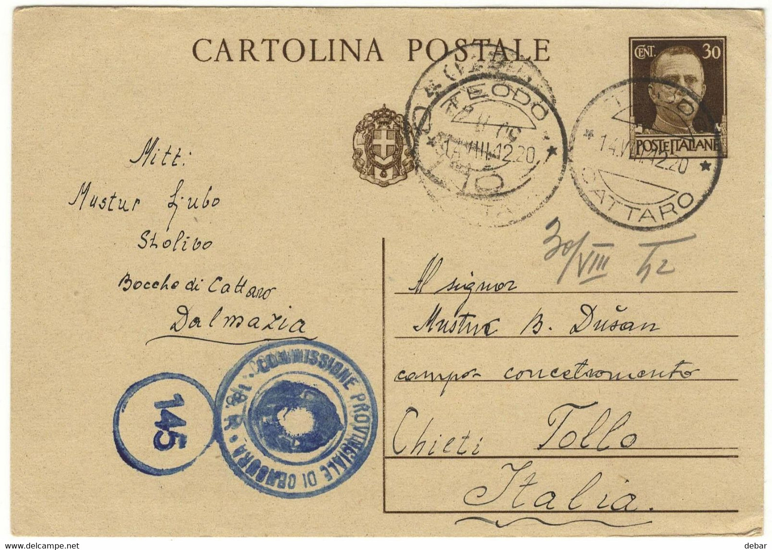 WW2 - ITALY OCCUPATION OF MONTENEGRO 1942- -PERASTO - CATTARO - TOOLO CHIETI- CENSURA - Montenegro
