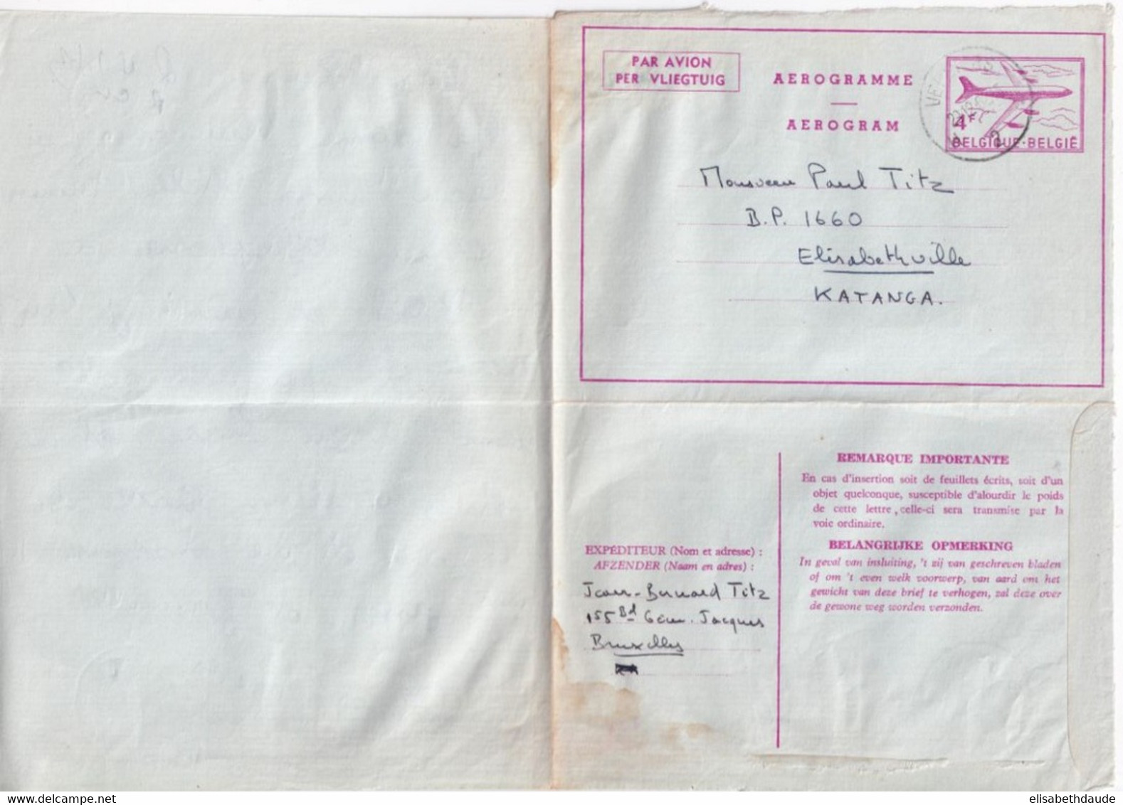 1962 - BELGIQUE => KATANGA INDEPENDANT ! - LETTRE AEROGRAMME De VERVIERS => ELISABETHVILLE - Aerogramme