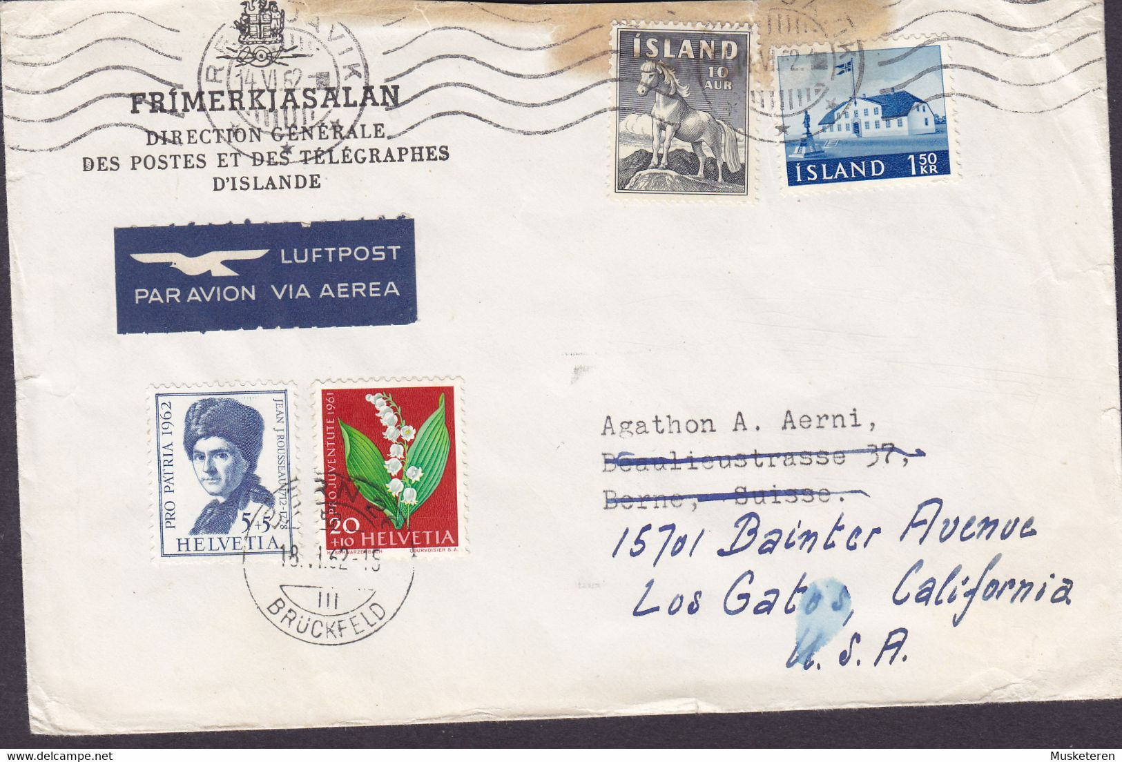 Iceland LUFTPOST Label REYKJAVIK 1962 Cover Brief BERN REadressed PRO PATRIA Pro Juventute To LOS GATOS United States - Brieven En Documenten