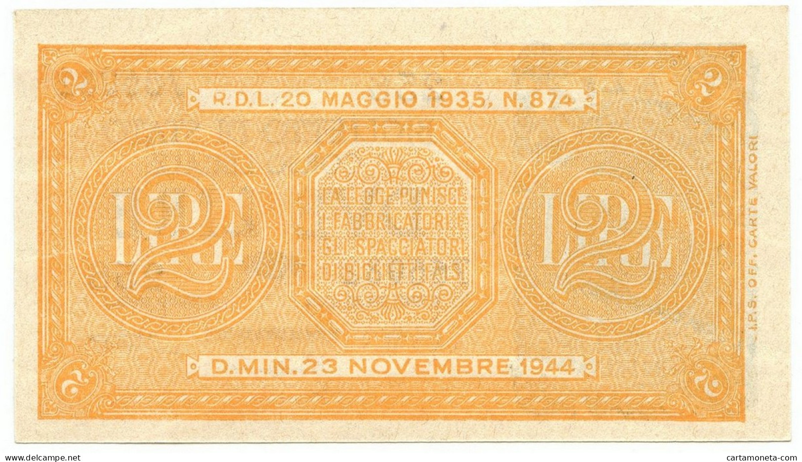 2 LIRE BIGLIETTO DI STATO LUOGOTENENZA UMBERTO BOLAFFI 23/11/1944 FDS - Andere