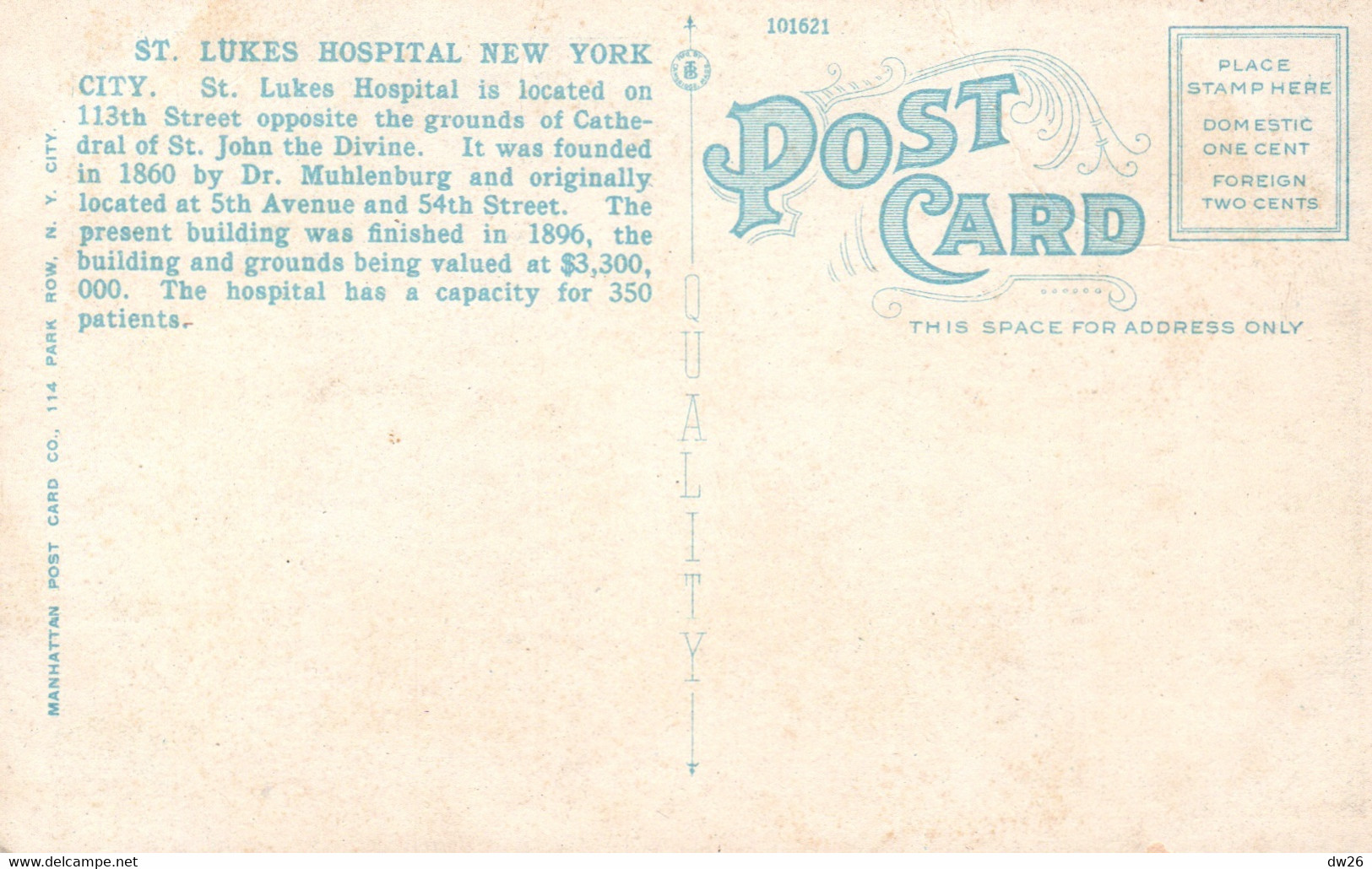New York City NY - St Luke's Hospital, 113th Street - Pub. By  Manhattan Post Card Co. Non Circulated - Health & Hospitals