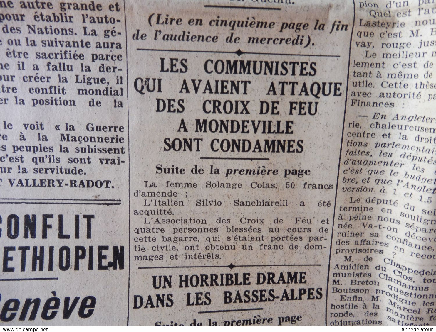 1935 L'AMI DU PEUPLE:  Jeunesse Rouge Féminine ; Dessin Chancel ; Croix de Feu à Mondeville ; Sympathicothérapie ; etc
