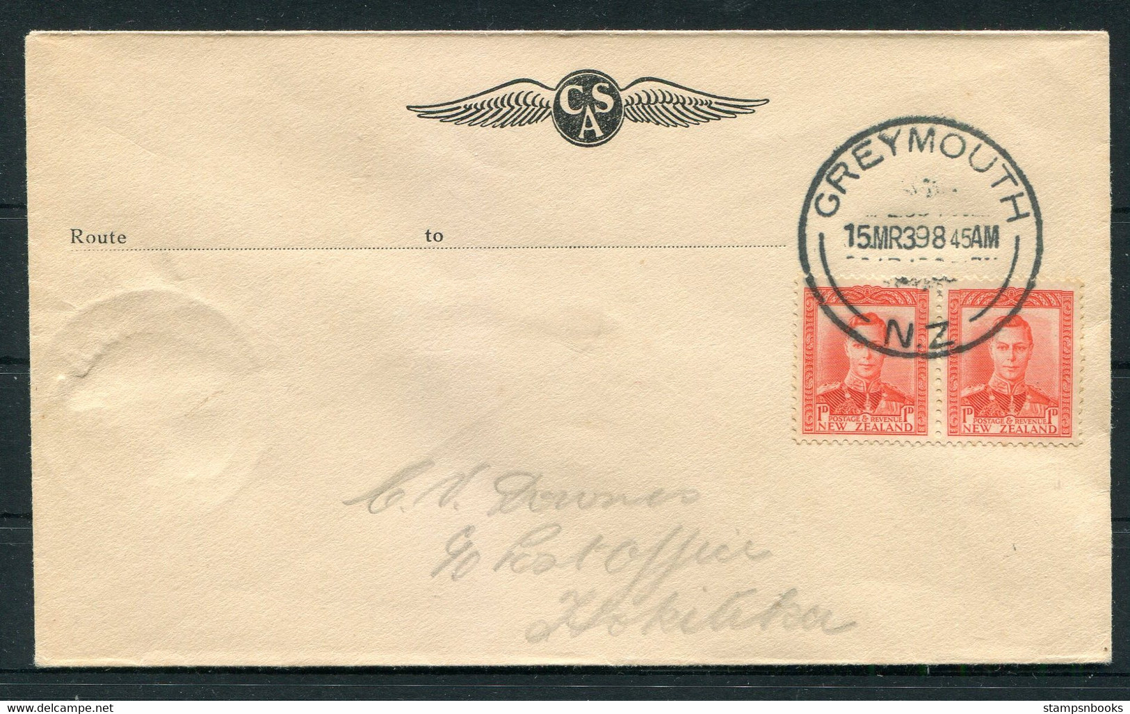 1939 (March 15th) New Zealand, Cook Strait Airways, First Flight Airmail Cover Greymouth - Hokitika - Poste Aérienne