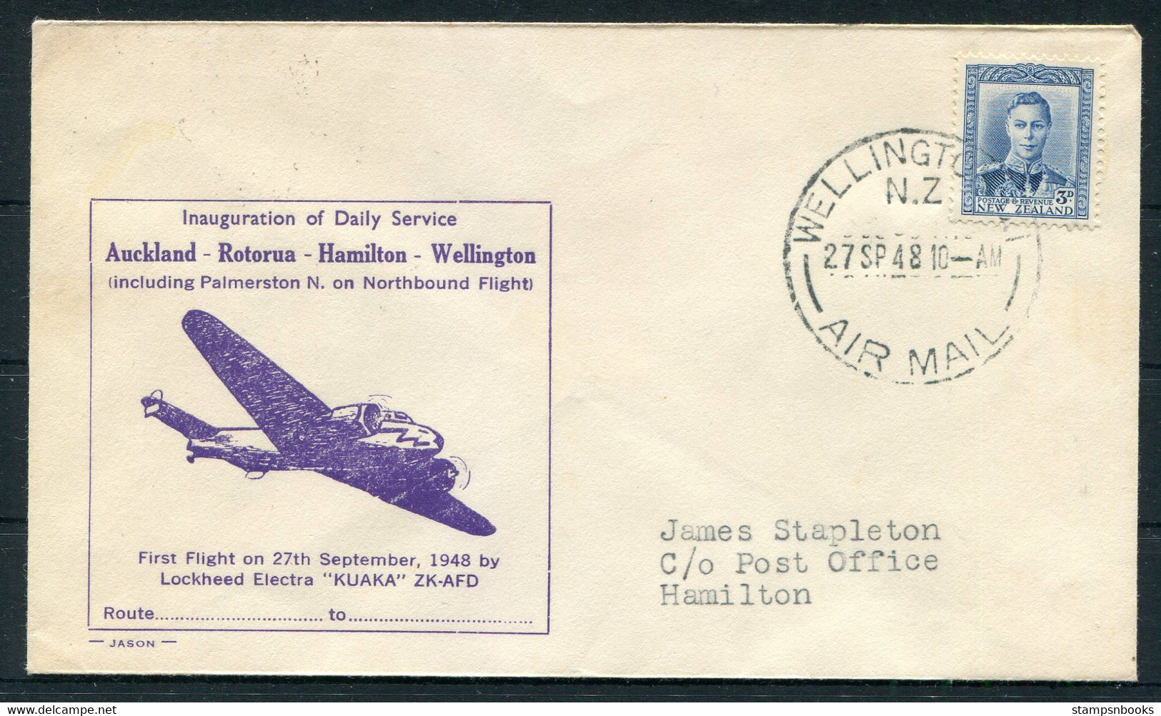1948 (Sept 27th) New Zealand First Flight Airmail Cover Wellington - Hamilton - Poste Aérienne