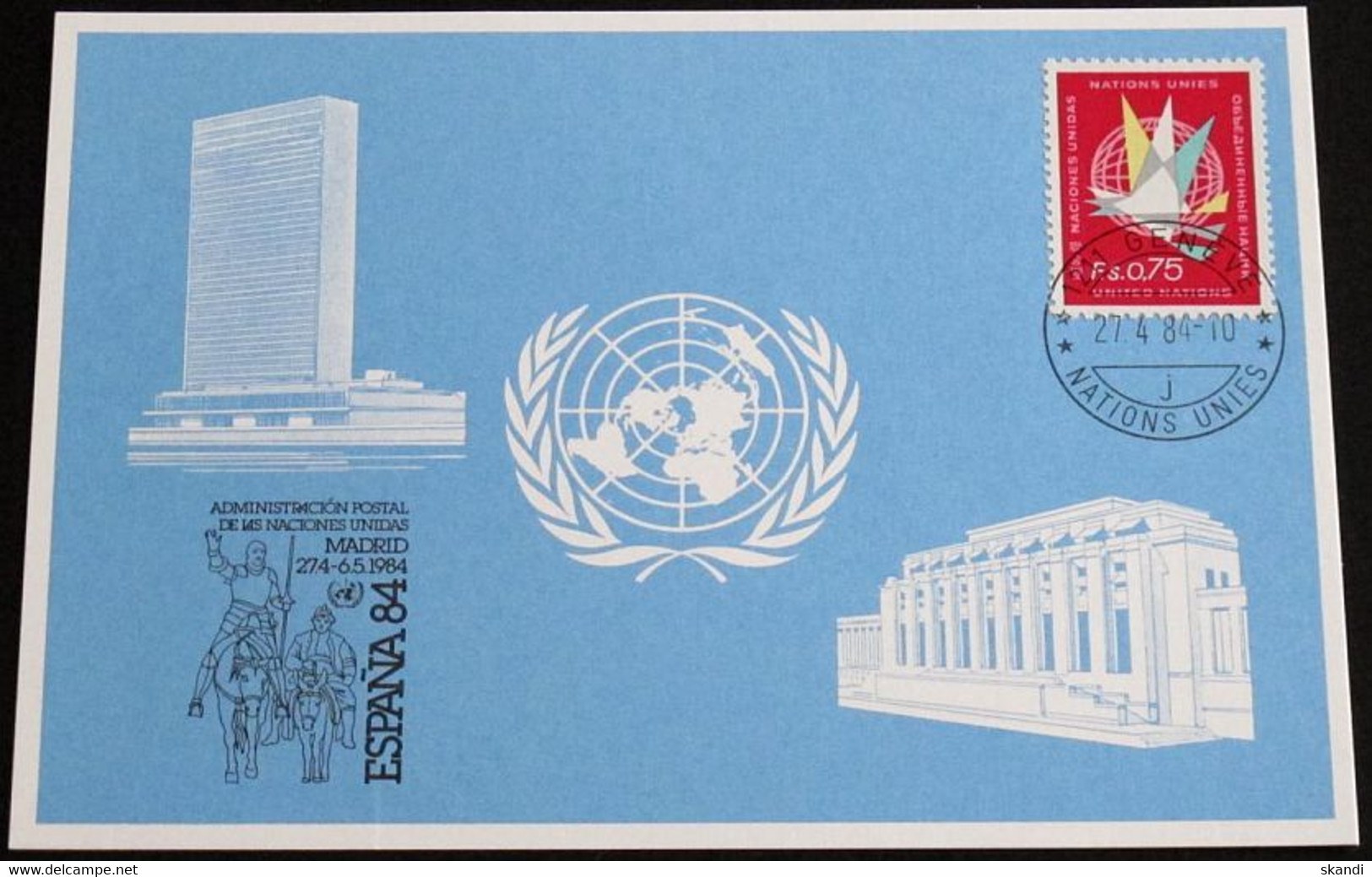 UNO GENF 1984 Mi-Nr. 133 Blaue Karte - Blue Card Mit Erinnerungsstempel ESPANA 84 MADRID - Briefe U. Dokumente