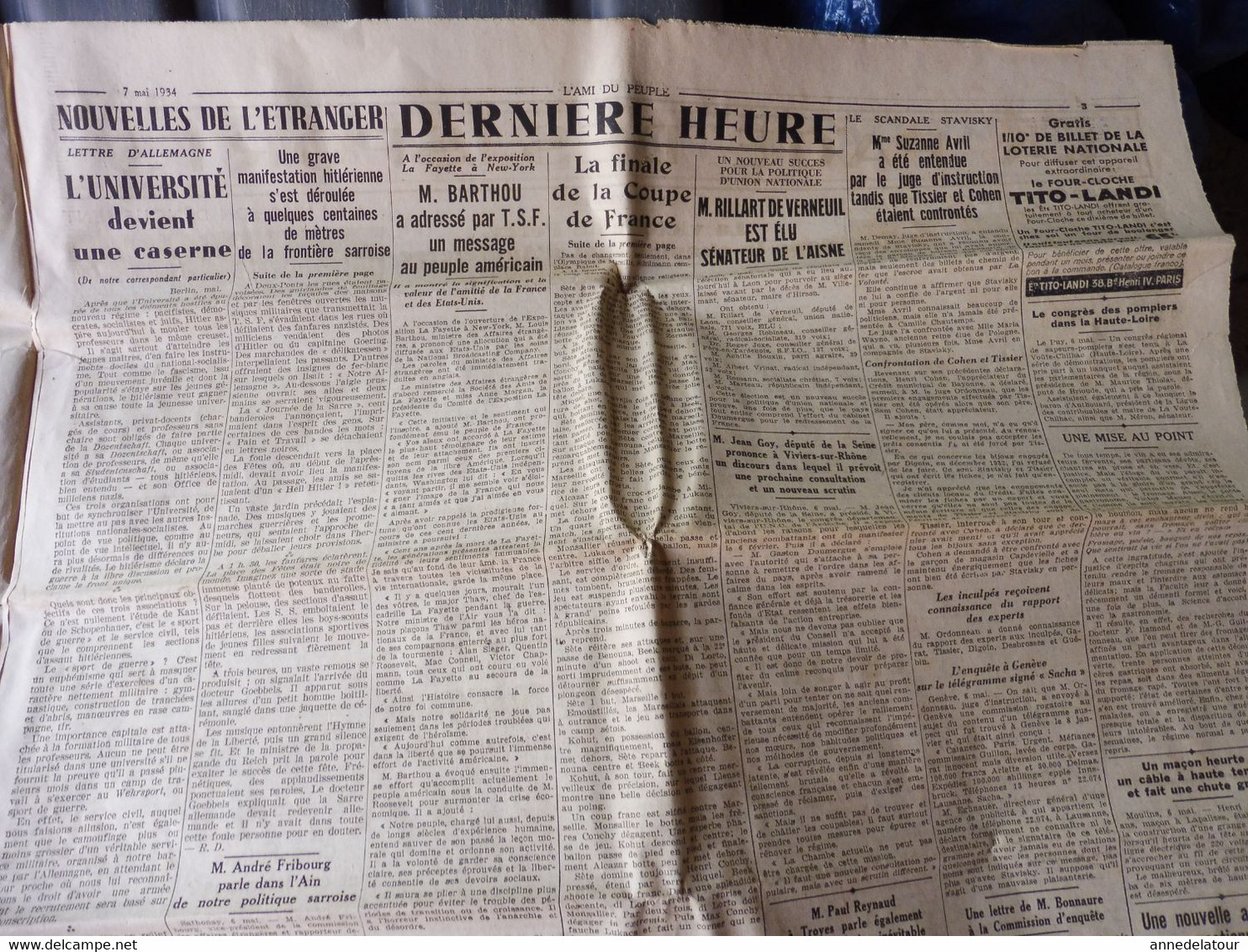 1934 L'AMI DU PEUPLE:  Les sauveteurs de la mer à l'honneur ;Manifestation hitlérienne ; IVe circuit auto-moto à Dieppe