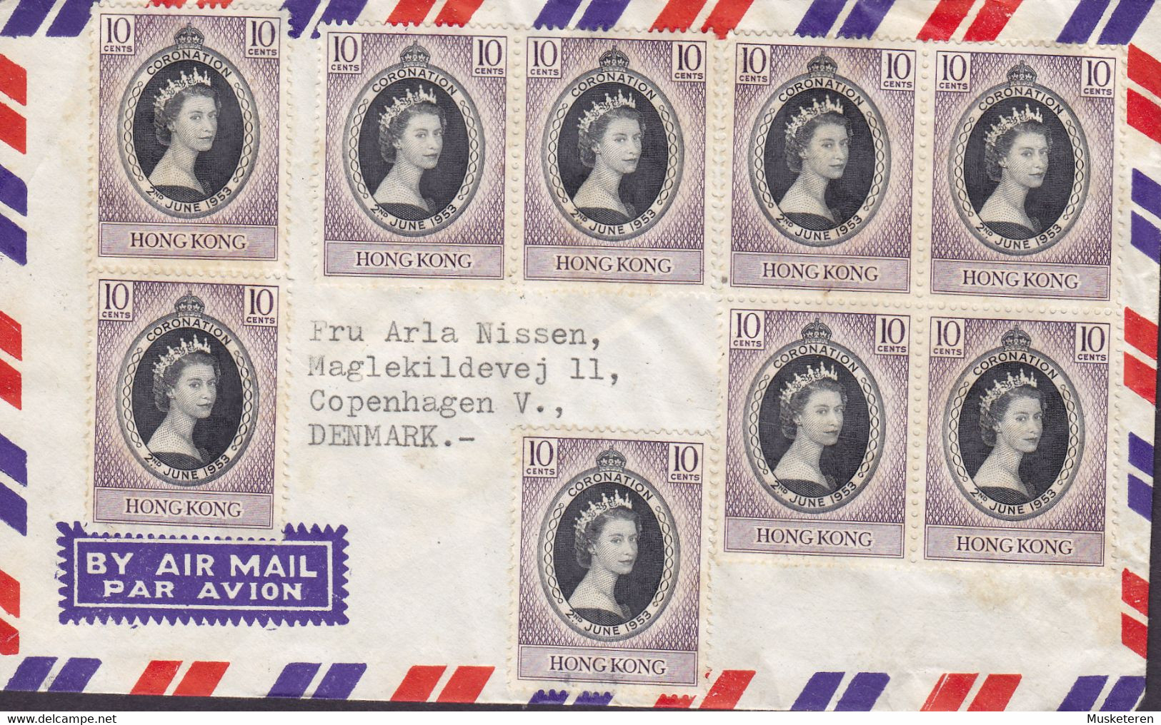 Hong Kong JOHN MANNERS & Co. HONG KONG (Unofficial) FDC 1953 Cover QEII. Coronation 13 Stamps Incl. 4-Block & 2x Pairs - Covers & Documents