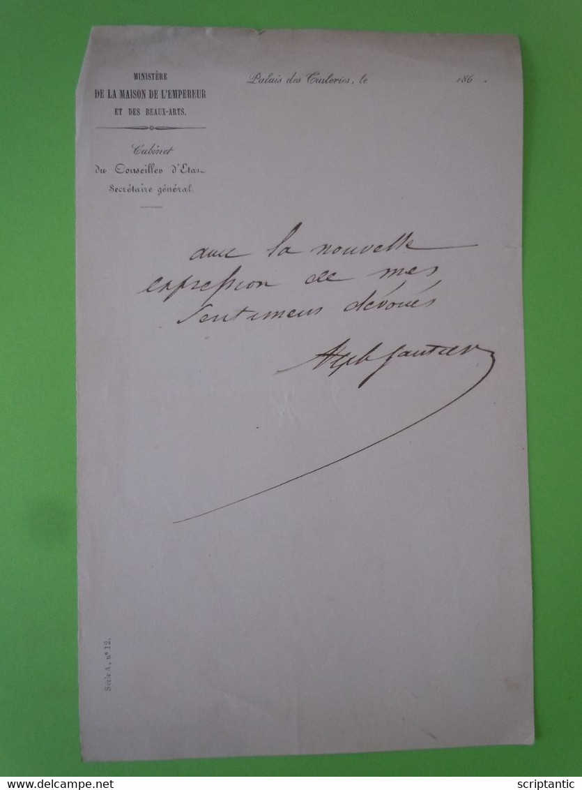 Lettre Autographe Alphonse GAUTIER (1809-1890) Maison De L'Empereur - Personajes Historicos