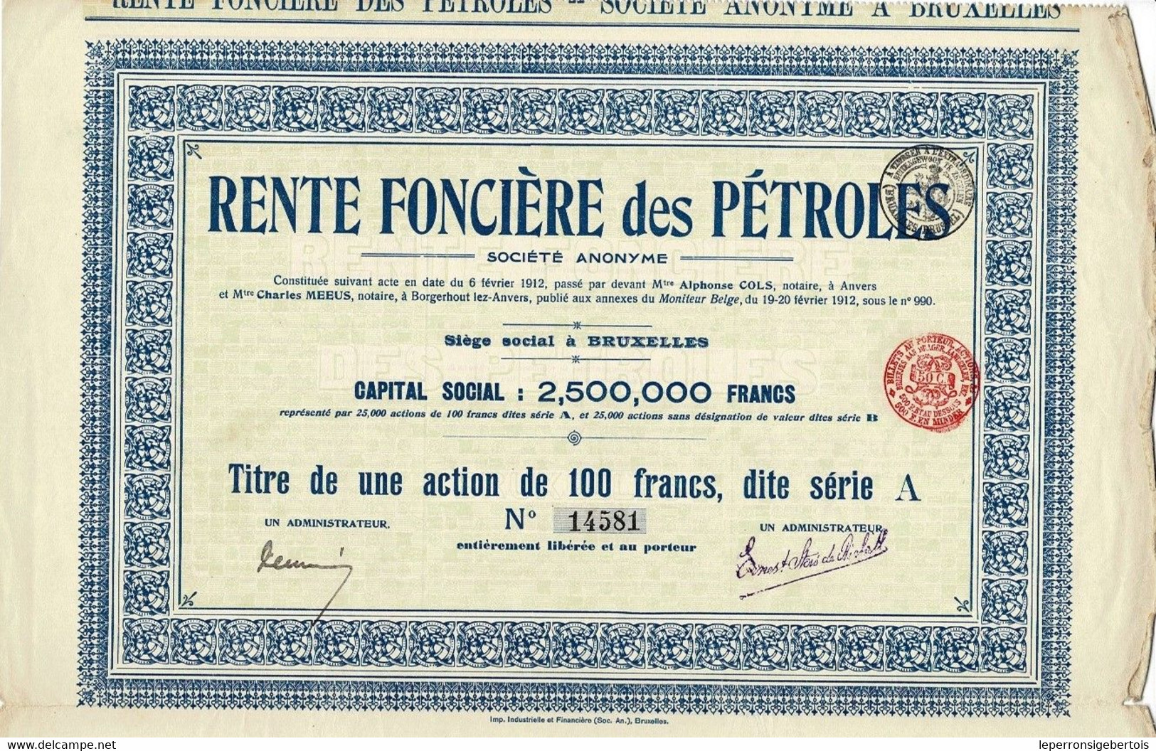 Titre Ancien - Rente Foncière Des Pétroles - Société Anonyme - Titre De 1912 - - Erdöl