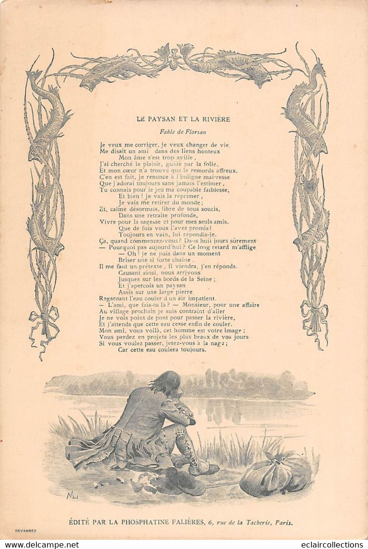 Image; 19x13.  Fable Florian  Le Paysan Et La Rivière    Dessin De M. Leloir  (voir Scan) - Andere & Zonder Classificatie