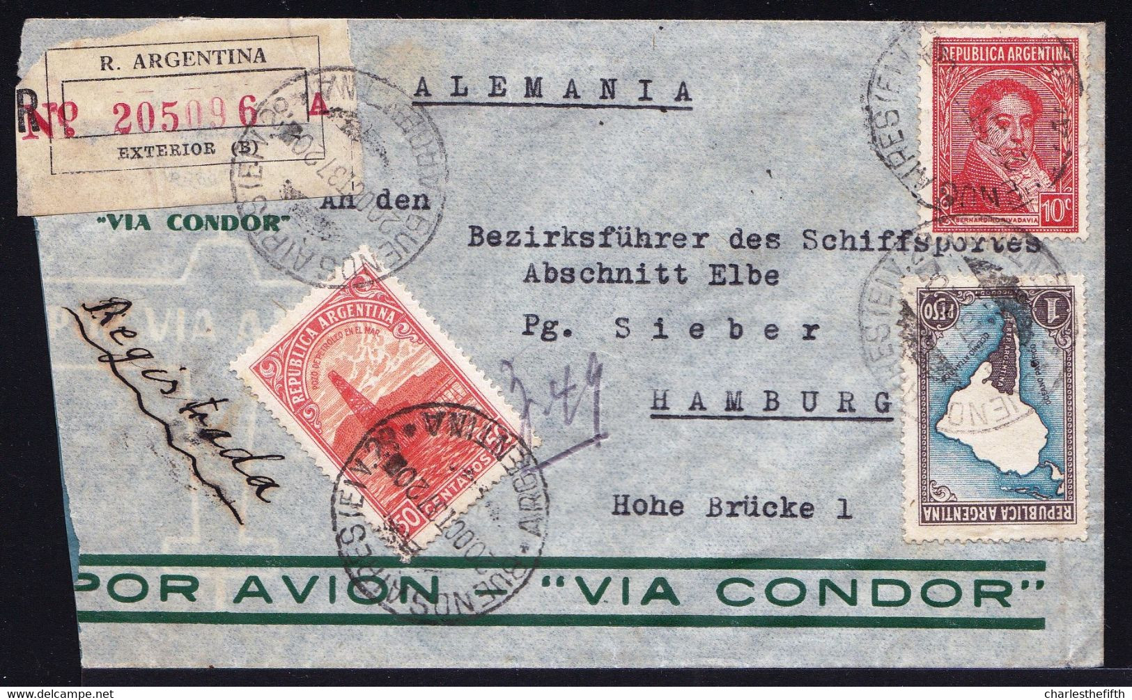 ARGENTINA 1937 -  REGISTERED CONDOR FLIGHT BUENOS AIRES > HAMBURG - From SS CAP NORTE Steward - Luchtpost