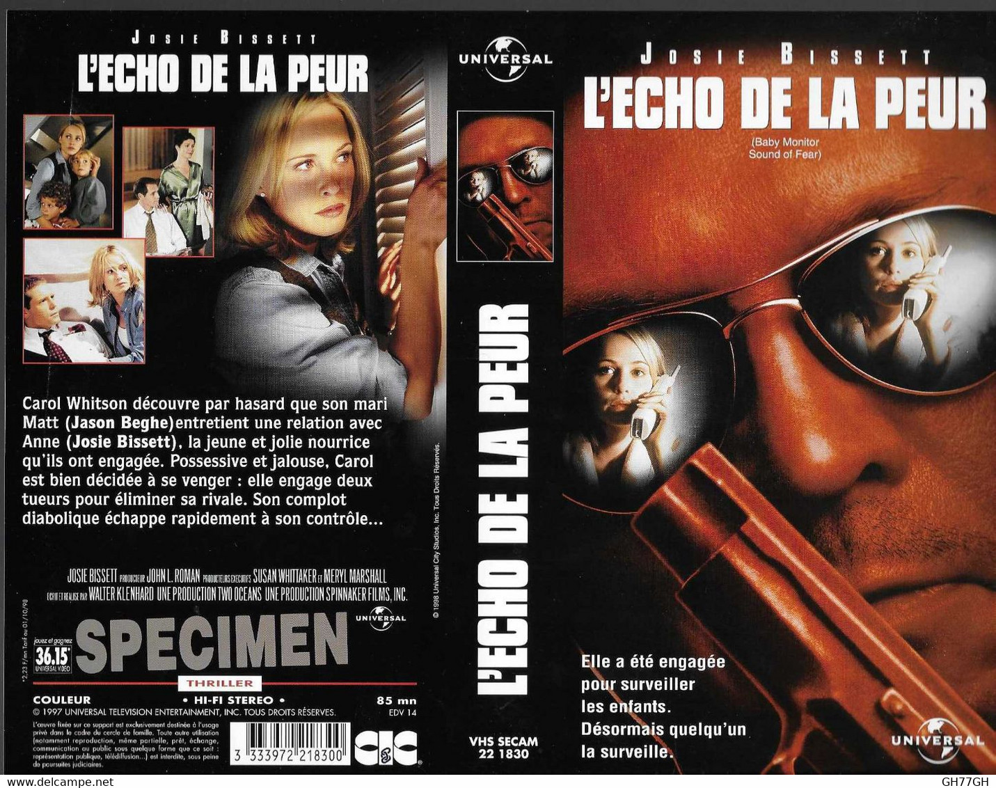 "L'ECHO DE LA PEUR" -jaquette SPECIMEN Originale CIC VIDEO -baby Monitor Sound Of Fear - Drame