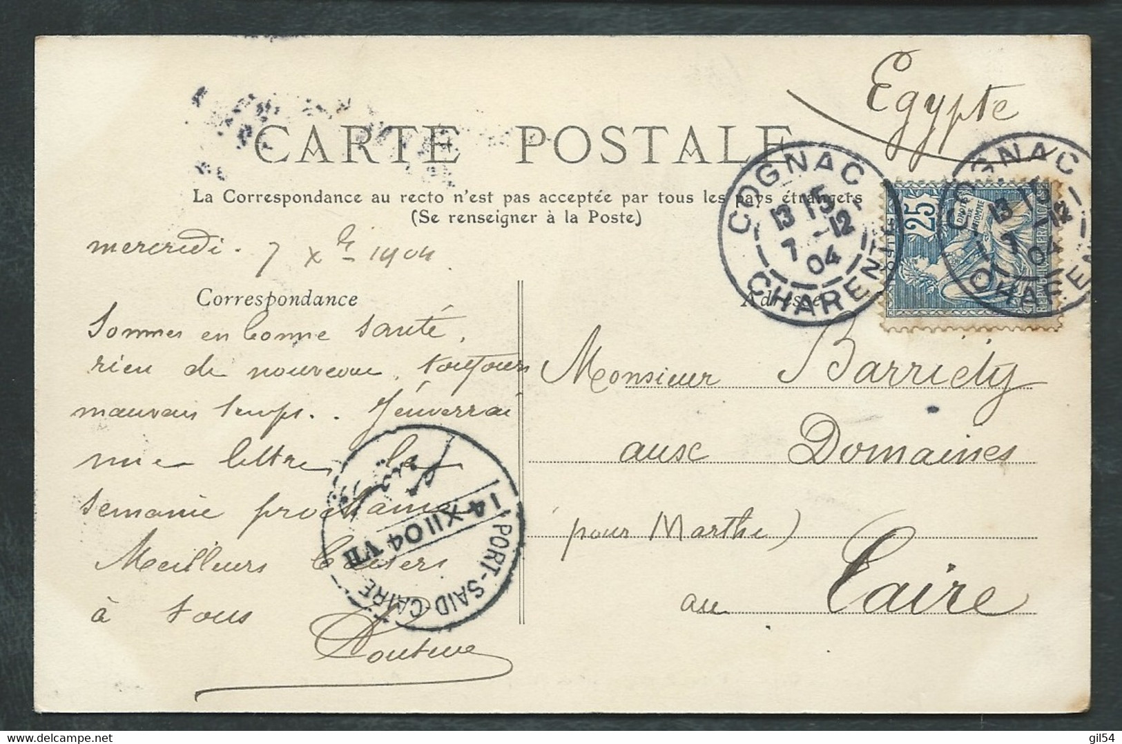 CPA Affranchie Per Type Mouchon Retouché N°127 Obli Cognac 7/12/1904  Pour Le Caire ( EGYPTE ) - LWL95 - 1900-02 Mouchon