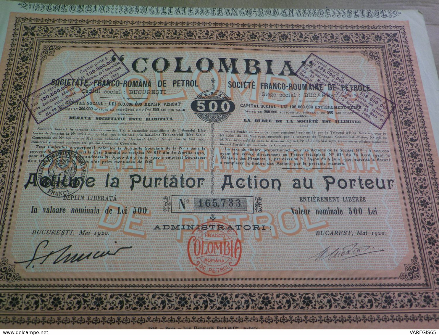 COLOMBIA - SOCIETE FRANCO ROUMAINE DE PETROLE - ACTION DE 500 LEI - N° 165 733 - EMISSION DE 1933 - 15 COUPONS - Erdöl