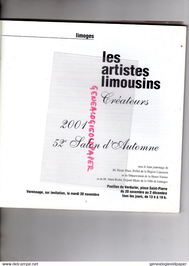 87- 23-19- LIMOGES- CATALOGUE LES ARTISTES LIMOUSINS SALON 2001- MAIS- PAVILLON VERDURIER-PAGUENAUD-PECAUD-FREY- FORGES - Limousin