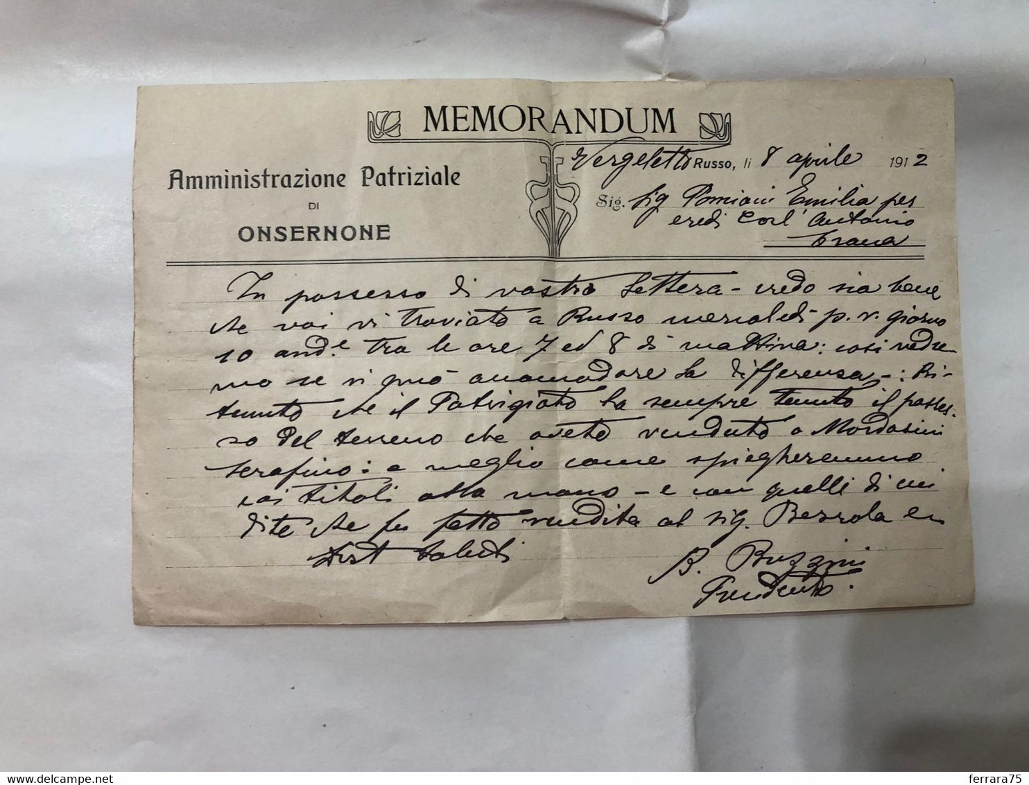 MEMORANDUM  AMMINISTRAZIONE ONSERNONE VERGELLETTO RUSSO 1912 CON AUTOGRAFO - Manuscripts