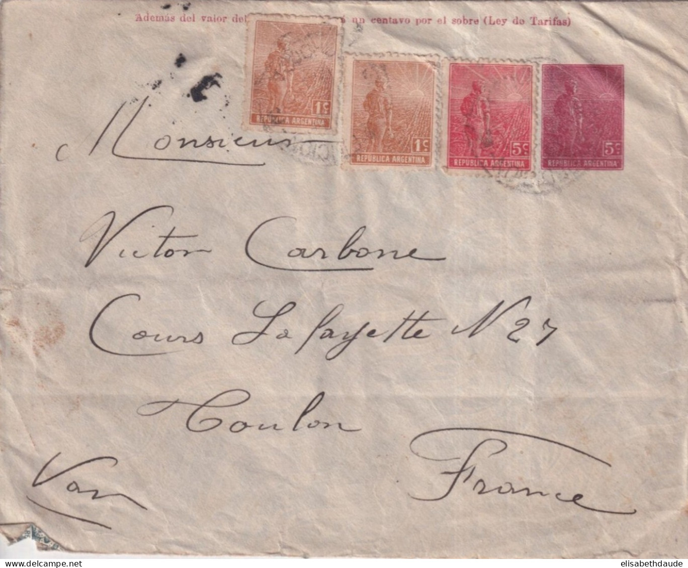 ARGENTINA - 1914 - ENVELOPPE ENTIER POSTAL => TOULON - Brieven En Documenten