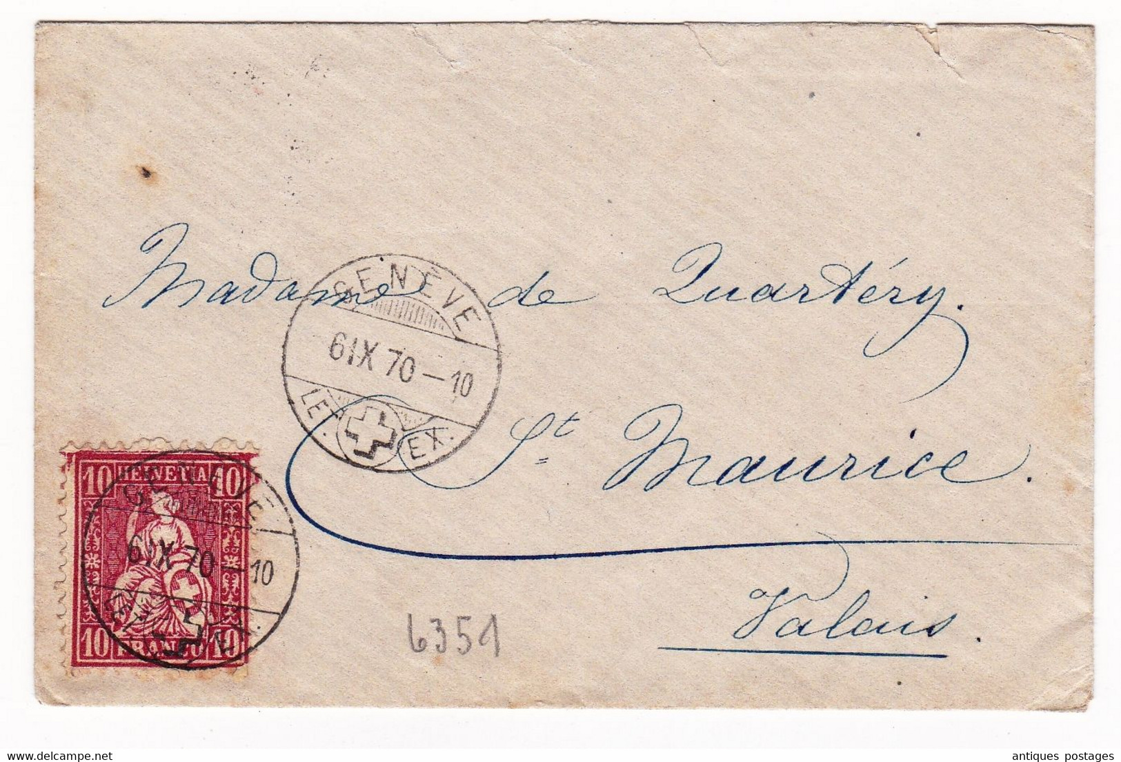 Lettre 1870 Genève Suisse Helvetia Assise Pour Saint Maurice - Lettres & Documents