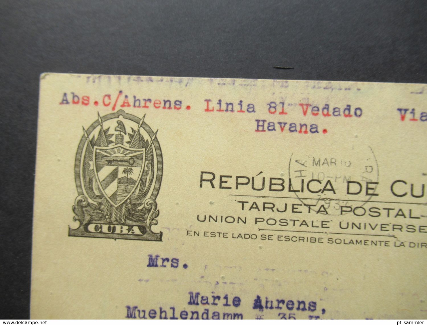 Kuba / Cuba Ganzsache 1932 Tarjeta Postal UPU Via New York Nach Hamburg (Schiffspost) - Briefe U. Dokumente