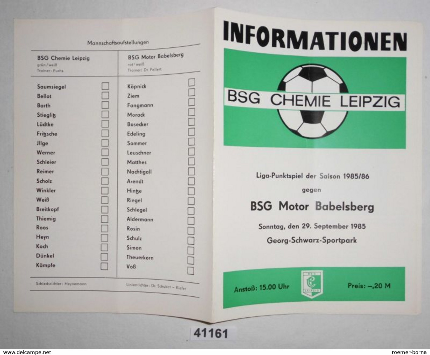 Fußball Programm Informationen BSG Chemie Leipzig - BSG Motor Babelsberg, 29. September 1985 - Sports