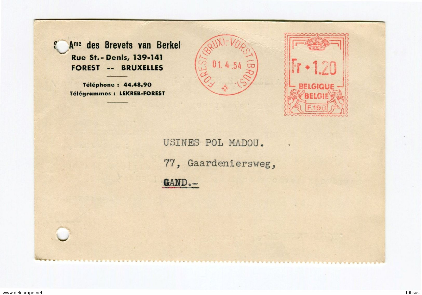 1954 Kaart Van SA Des Brevets Van Berkel Vorst Brussel Naar Gand - Mooie Rode Machine Stempel Fr 1.20 F.190 - ...-1959