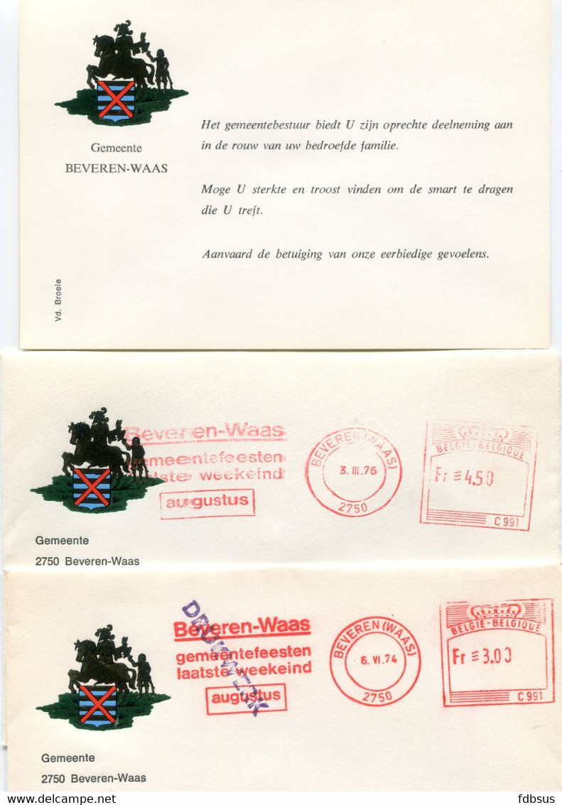 1973/76 5 Enveloppen Gemeente BEVEREN WAAS - Rode Machine Stempel Gemeentefeesten - 1960-79