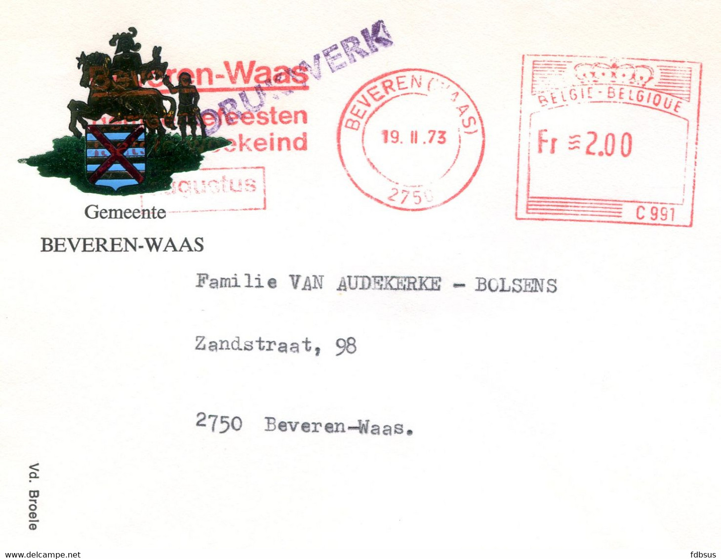 1973/76 5 Enveloppen Gemeente BEVEREN WAAS - Rode Machine Stempel Gemeentefeesten - 1960-79