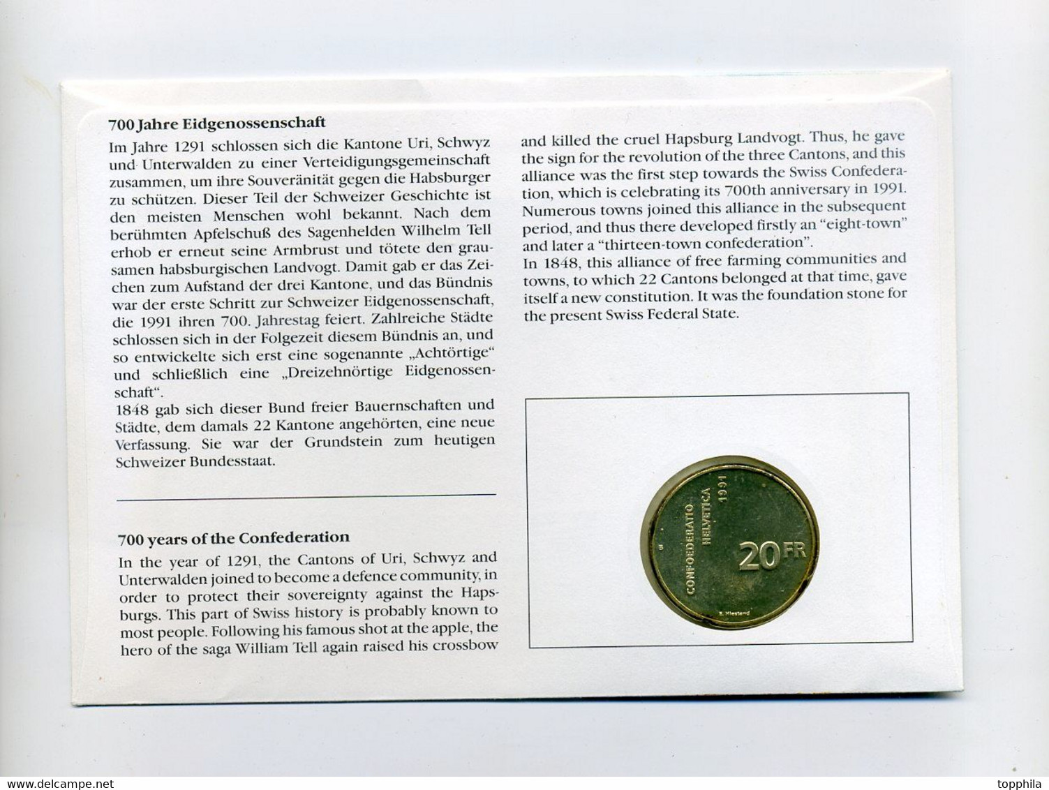 1991 Schweiz Numisbrief 700 Jahre Eidgenossenschaft Rütlischwur Mit 20 Sfr Silbermünze Confoederatio Helvetica - Commemorative