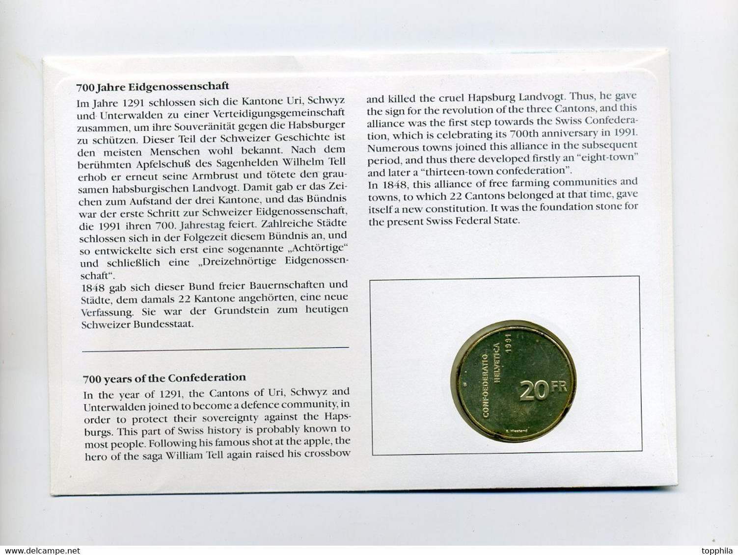 1991 Schweiz Numisbrief 700 Jahre Eidgenossenschaft Rütlischwur Mit 20 Sfr Silbermünze Confoederatio Helvetica - Pièces Commémoratives