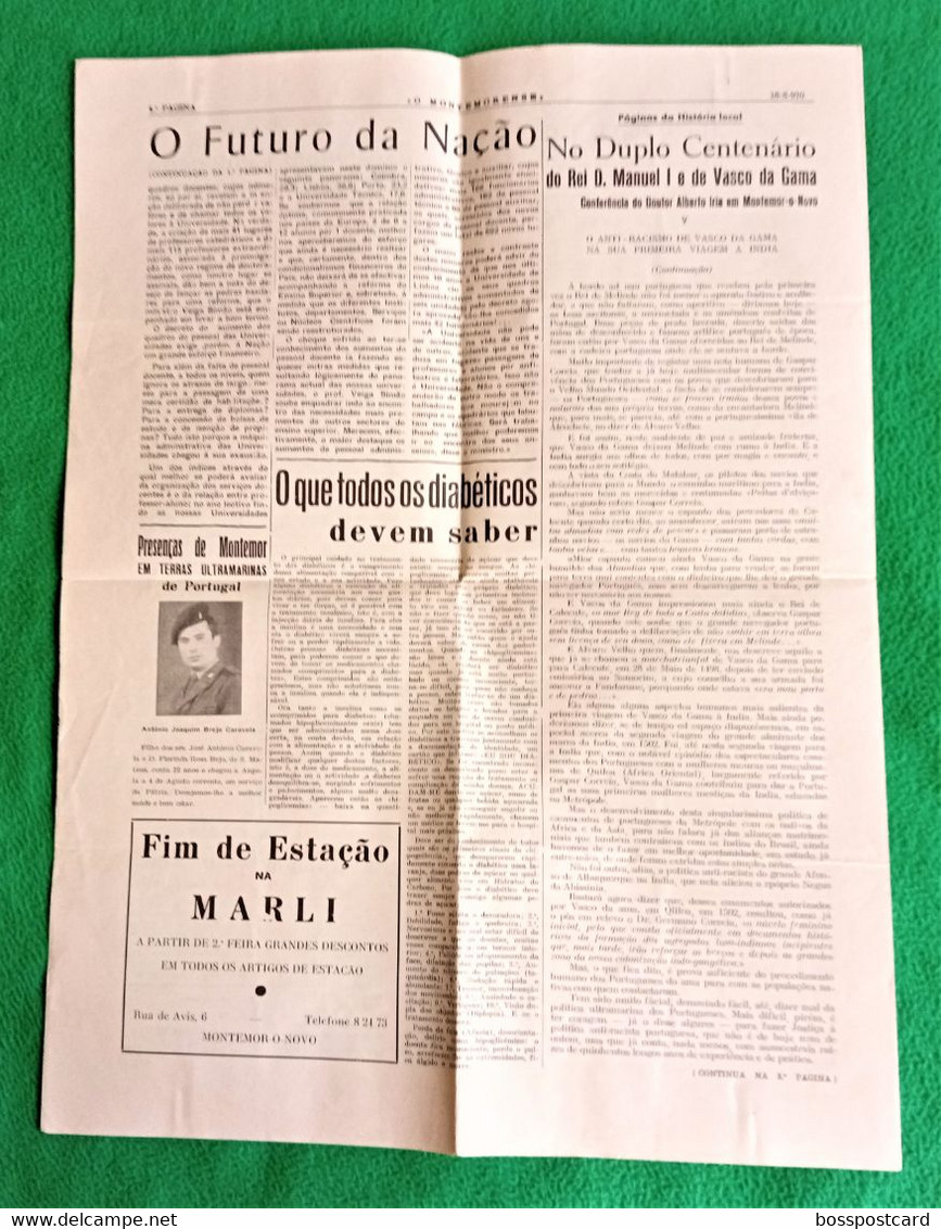 Montemor-o-Novo - Jornal Montemorense Nº 927, 16 De Agosto De 1970 - Imprensa. Évora. Portugal. - Informations Générales