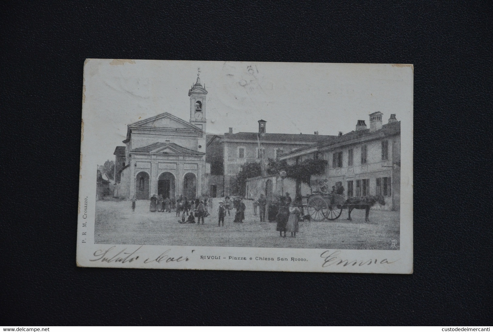 CARTOLINA TORINO RIVOLI PIAZZA E CHIESA SAN ROCCO ANIMATA CARRO BAMBINI CHIESA CAMPANILE VG 1903 - Rivoli