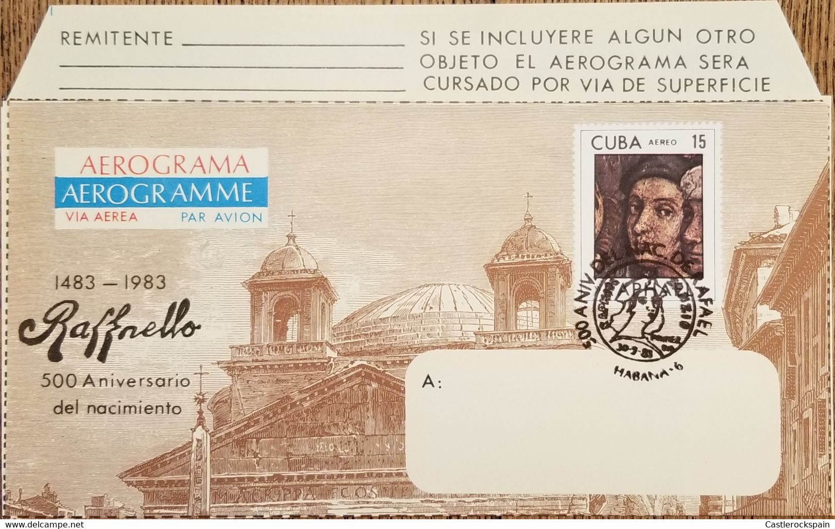 O) 1983 CUBA, CARIBBEAN, RAPHAEL SANZIO, PIETRO BAMBO, SISTINE CHAPEL, RENAISSANCE ART, NICE CANCELLATION, AEROGRAM, UNU - Brieven En Documenten