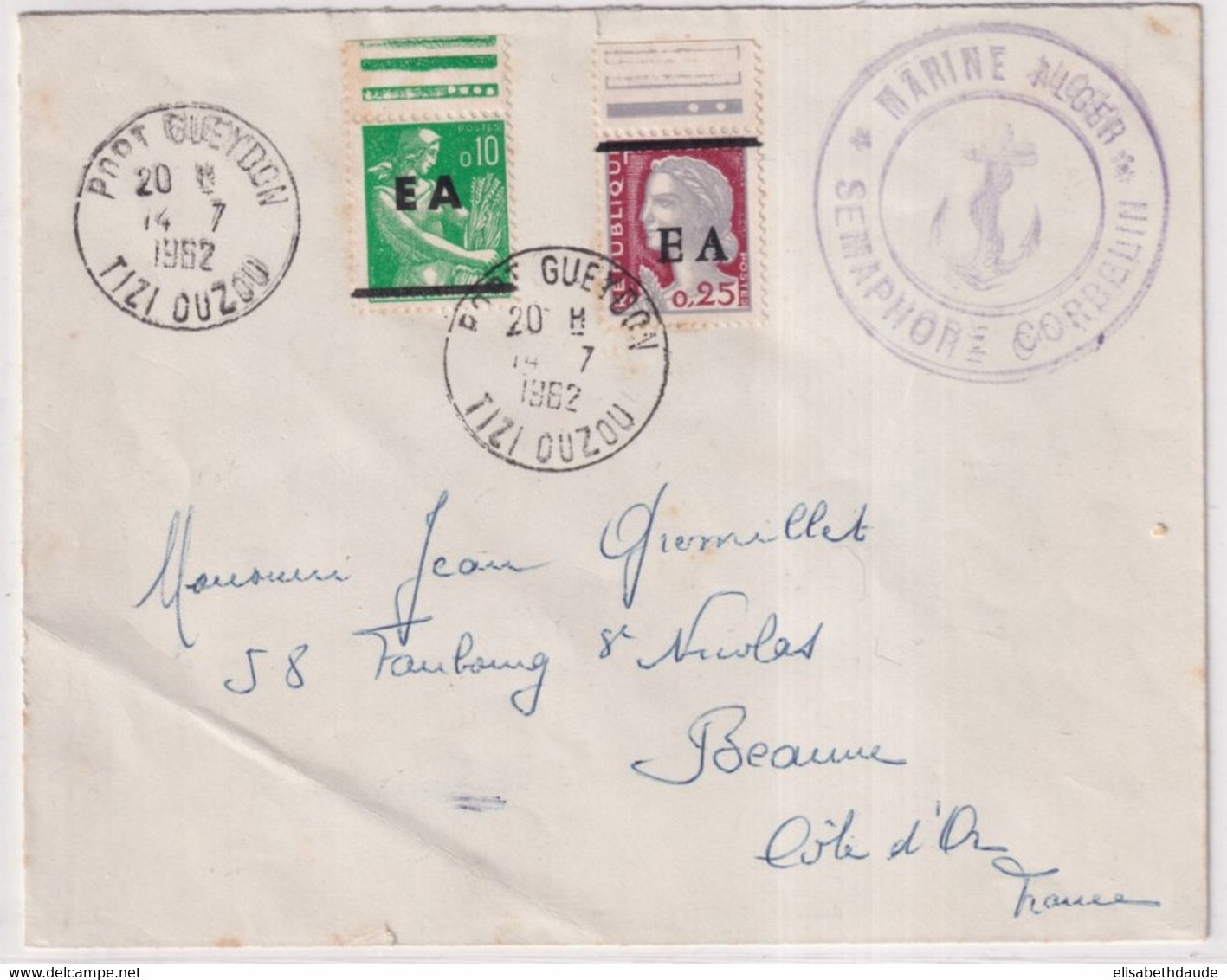 ALGERIE - 1962 - NAVAL - MARINE FRANCAISE - SURCH. "EA" ENVELOPPE Du SEMAPHORE CORBELIN à PORT GUEYDON - RARE !! - Guerre D'Algérie