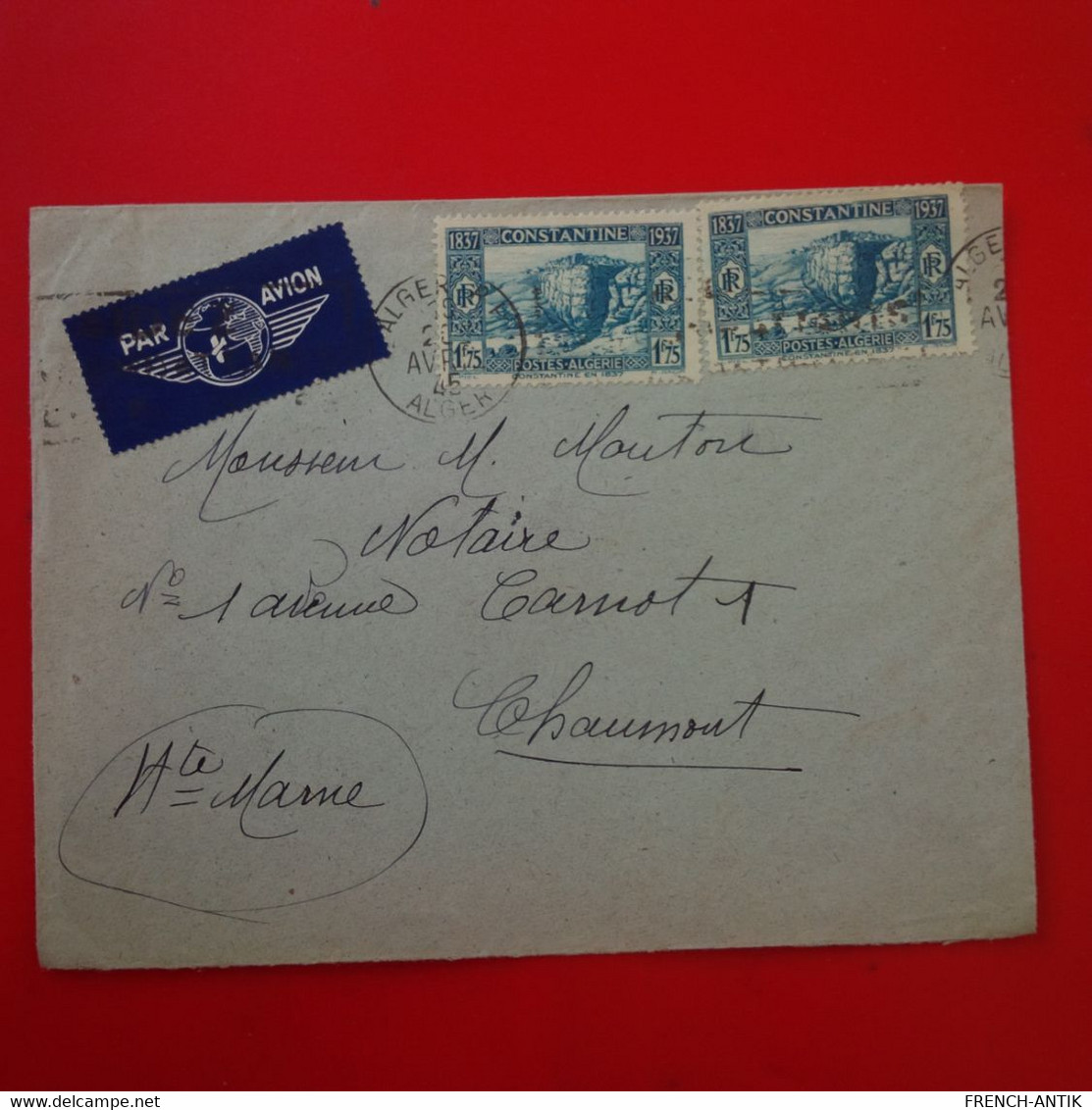 LETTRE ALGER POUR CHAUMONT 1945 - Cartas & Documentos