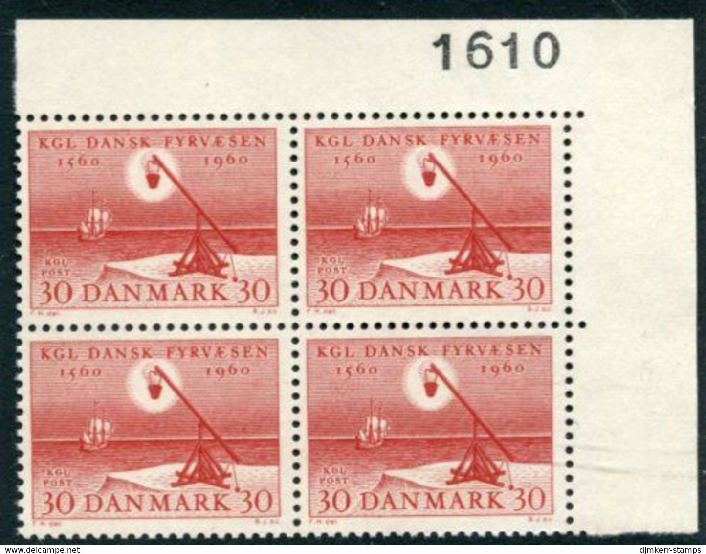 DENMARK 1960 Lighthouse Service Quatercentenary In Block Of 4 With Control Number MNH / **. Michel 383 - Ongebruikt