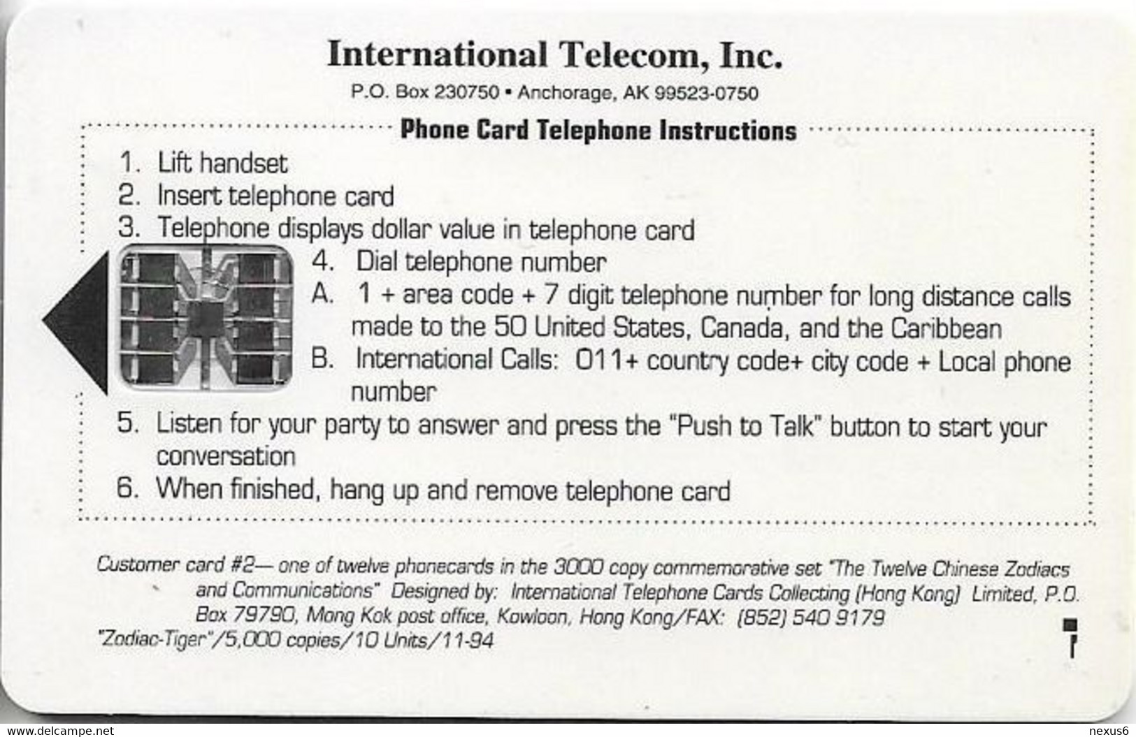 Alaska - Intl. Telecom INC - Phonecard Expo 94 Tiger, SC7, 11.1994, 3.50$, 5.000ex, Mint - Cartes à Puce