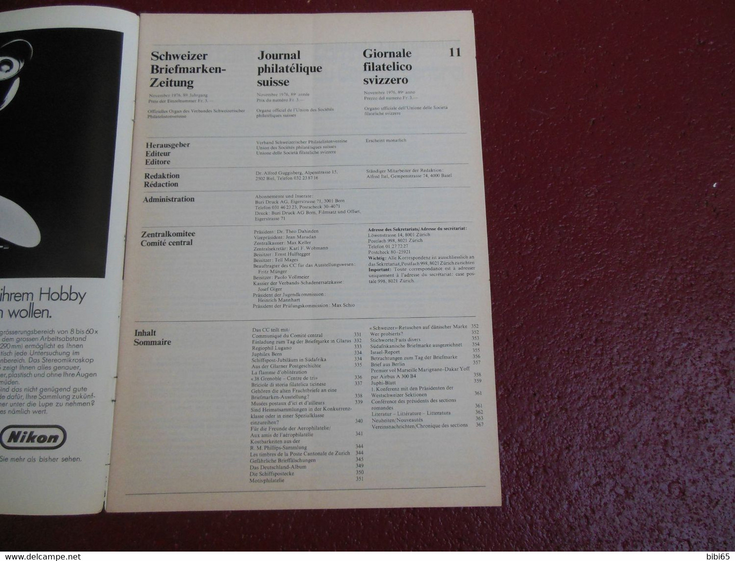 SCHWEIZER BRIEFMARKEN ZEITUNG JOURNAL PHILATELIQUE SUISSE GIORNALE FILATELICO SVIZZERO NR 11 NOVEMBER 1976 - Collections